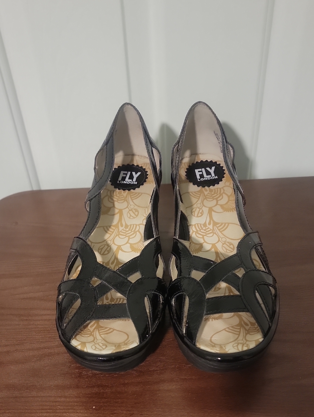 Fly London YADI Black Patent Leather Cutout Wedge Pumps Women's Size 41/10